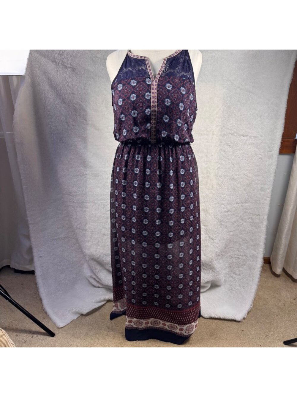 Daniel Rainn XL Boho Maxi Dress With Lace Yoke Floral Print Navy/Red Sleeveless